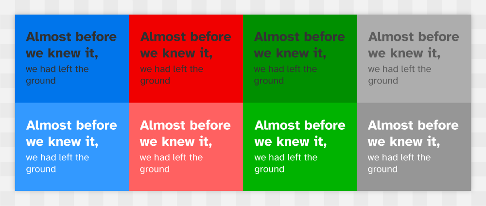 Three primary colour blocks and a grey block with black and white coloured text inside not showing AAA colour contrast compliance.