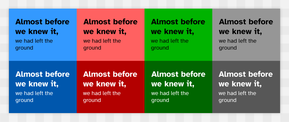 Three primary colour blocks and a grey block with black and white coloured text inside showing AAA colour contrast compliance.