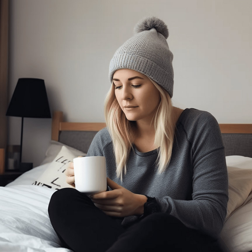 A young woman, sitting on a bed, wearing a beanie hat, drinks a hot drink.